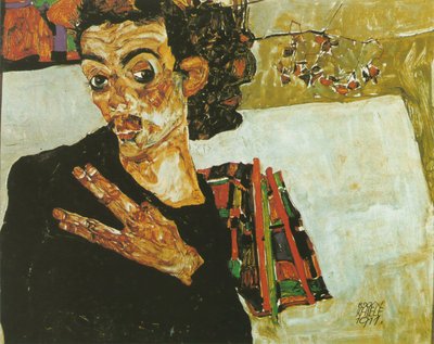 Zelfportret met zwarte container door Egon Schiele